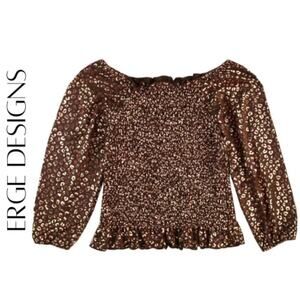 ERGE Designs Girls’ Smocked Foil Leopard Top, L, NWT!